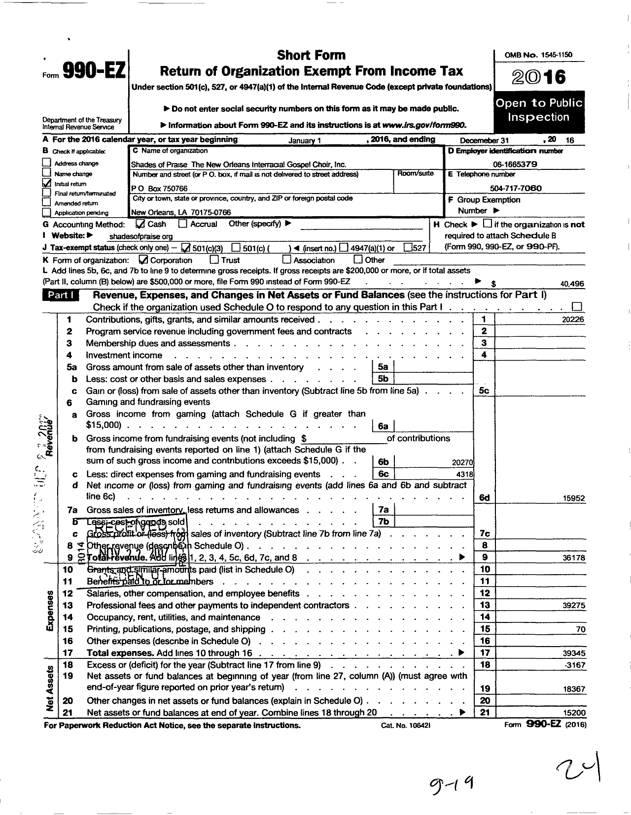 Image of first page of 2016 Form 990EZ for Shades of Praise The New Orleans Interracial Gospel Choir