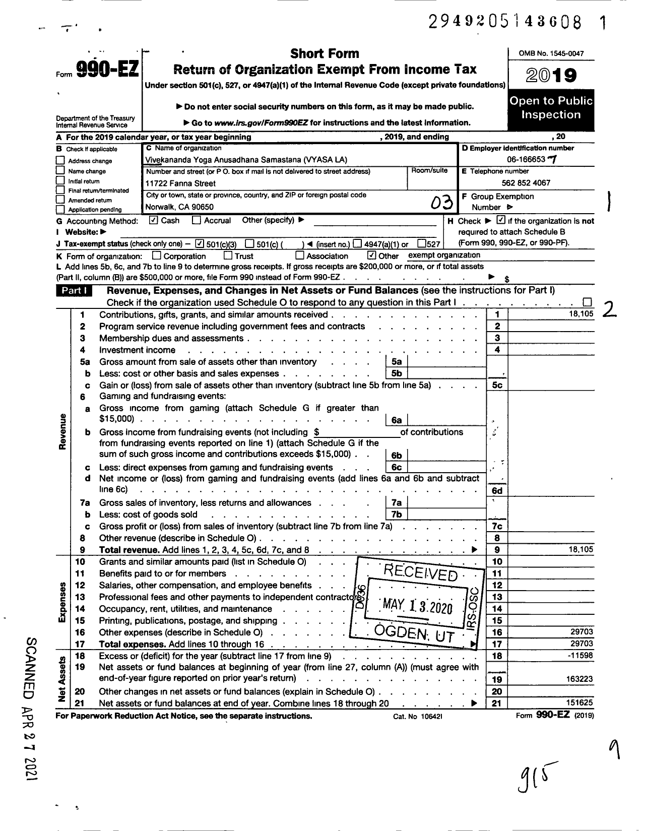 Image of first page of 2019 Form 990EZ for Vivekananda Yoga Anusandhana Samsthana of Los Angeles