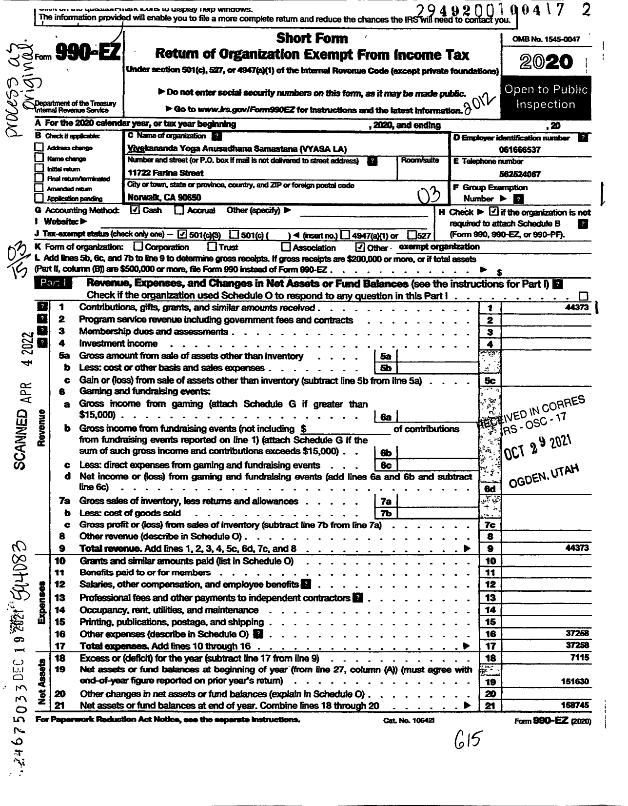 Image of first page of 2020 Form 990EZ for Vivekananda Yoga Anusandhana Samsthana of Los Angeles