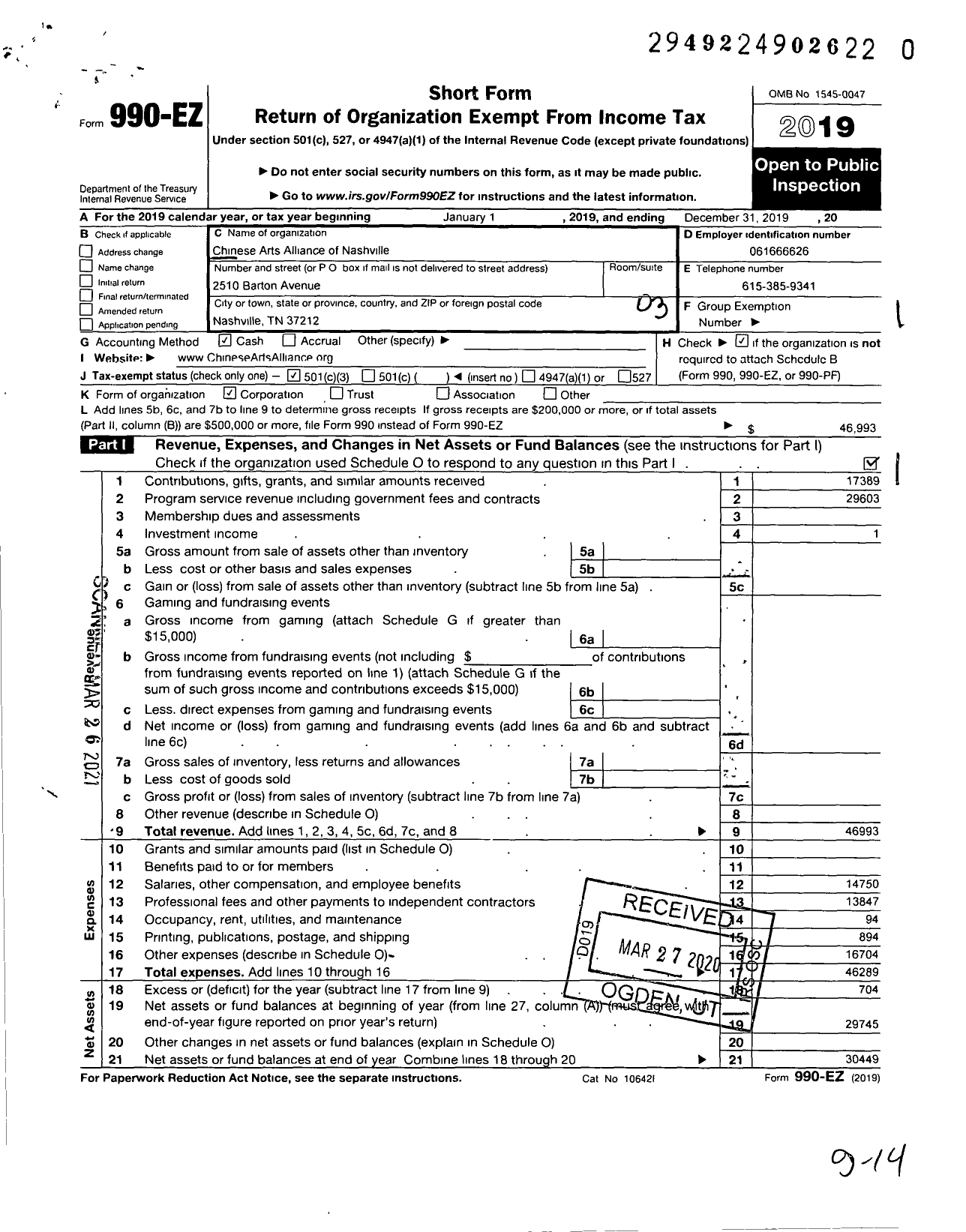 Image of first page of 2019 Form 990EZ for Chinese Arts Alliance of Nashville