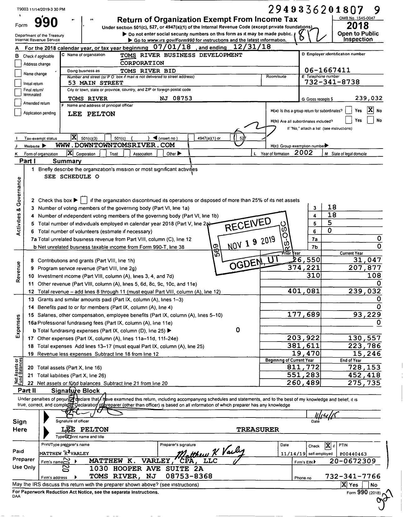 Image of first page of 2018 Form 990 for Toms River Business Development