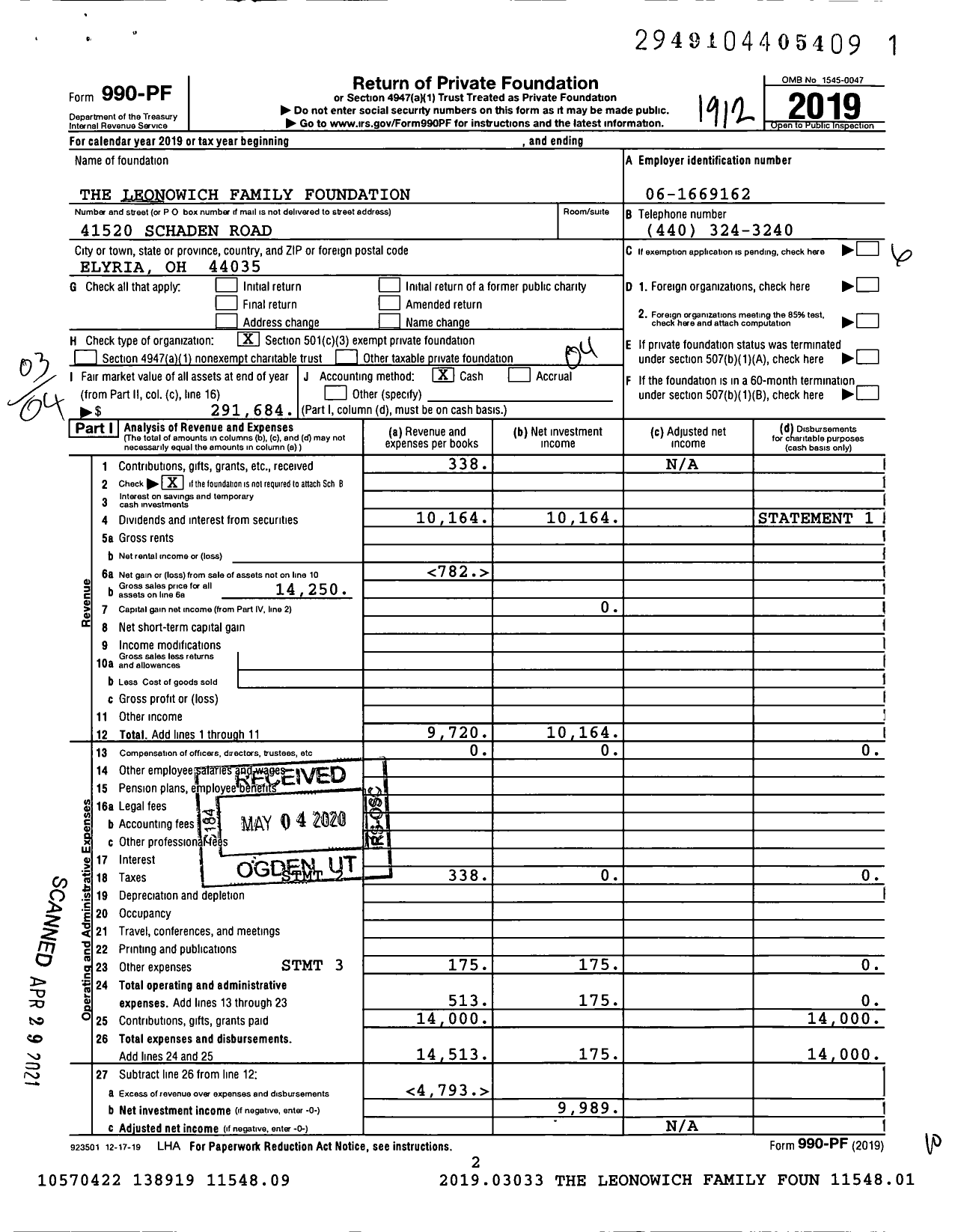 Image of first page of 2019 Form 990PF for The Leonowich Family Foundation