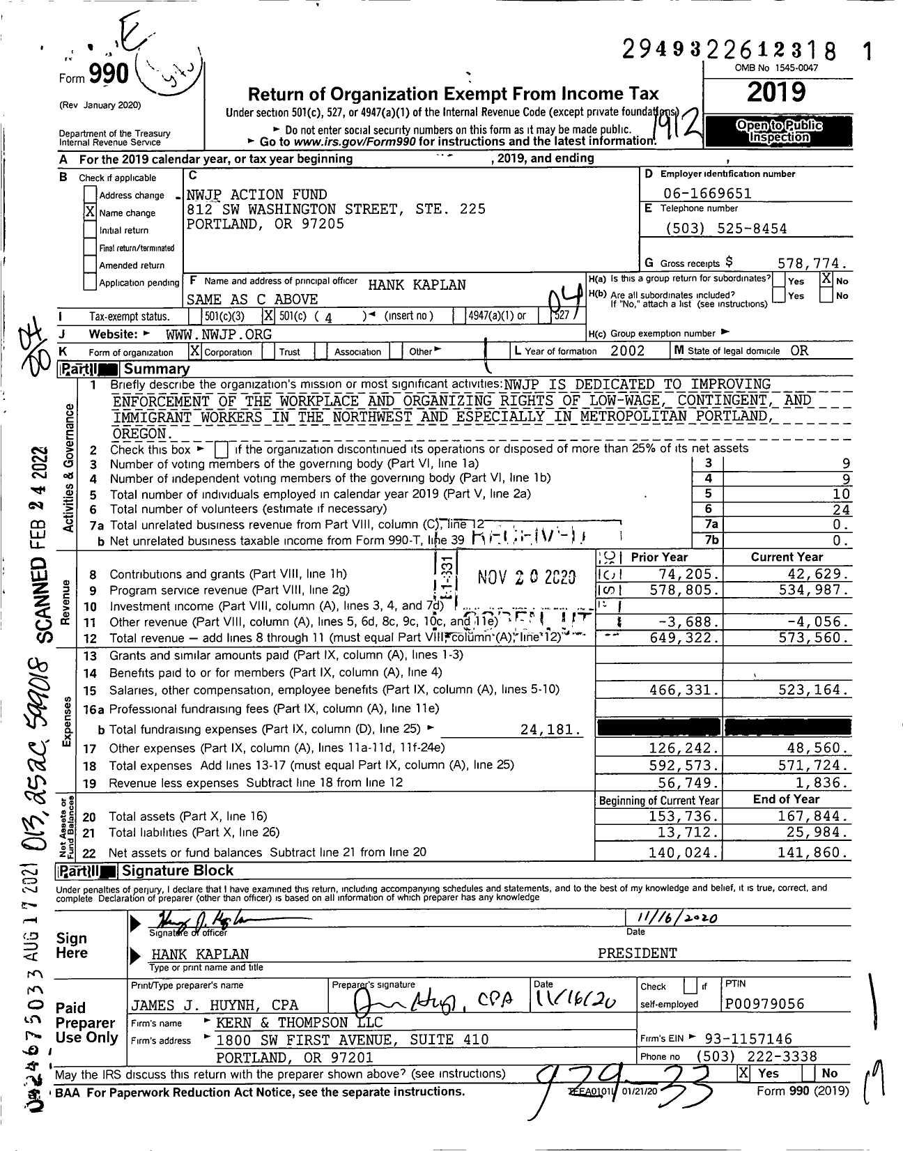 Image of first page of 2019 Form 990O for NWJP Action Fund