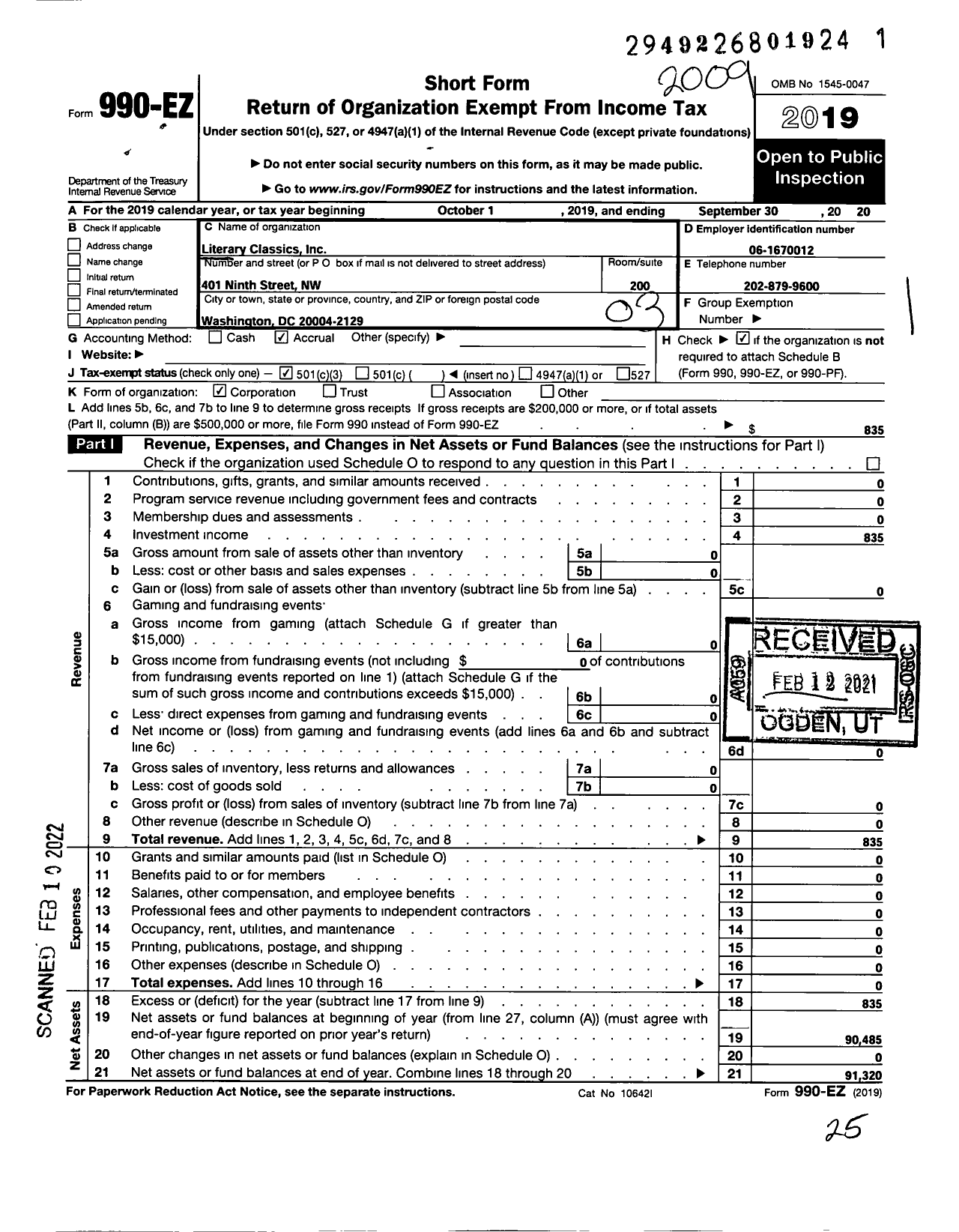 Image of first page of 2019 Form 990EZ for Literary Classics