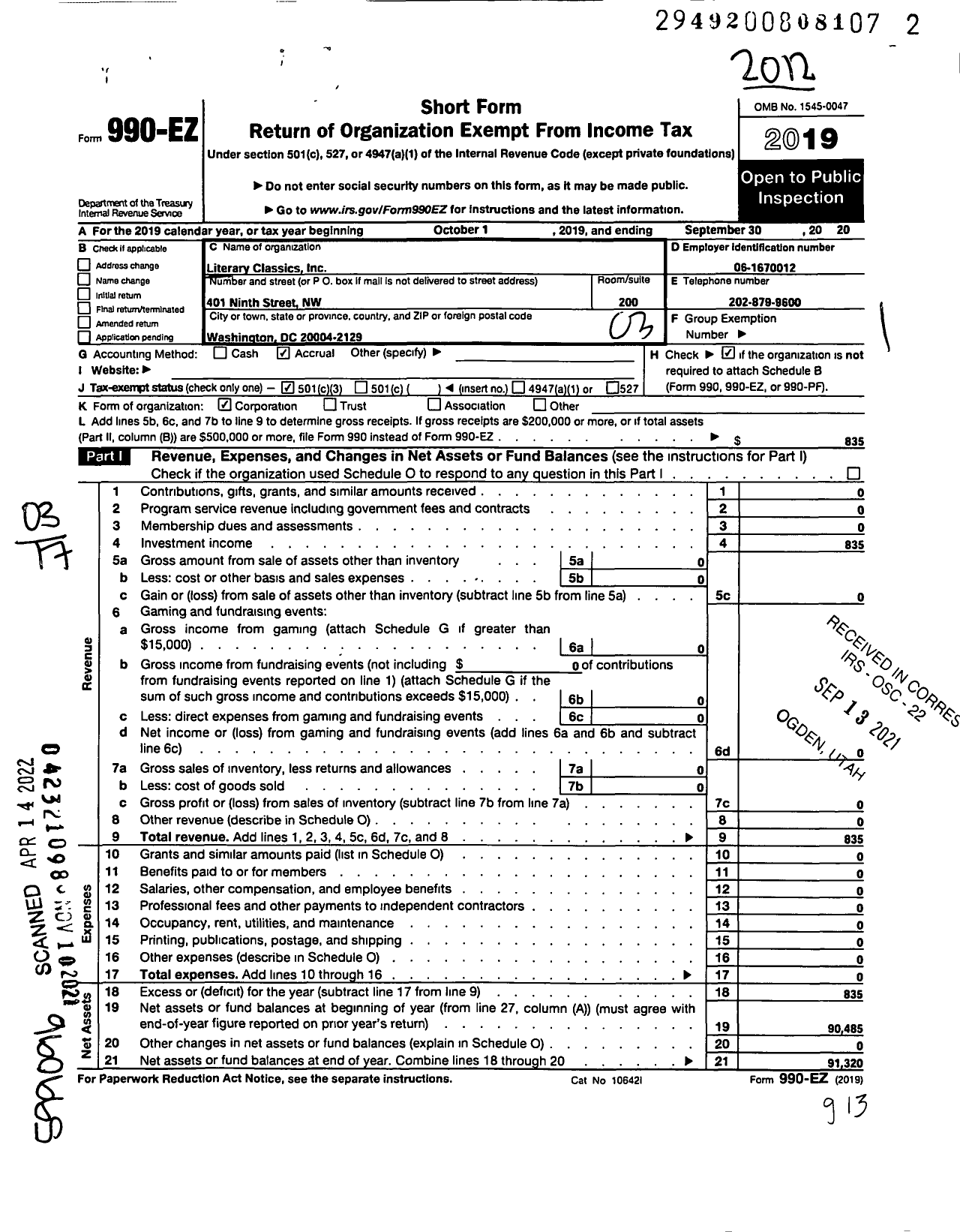 Image of first page of 2020 Form 990EZ for Literary Classics