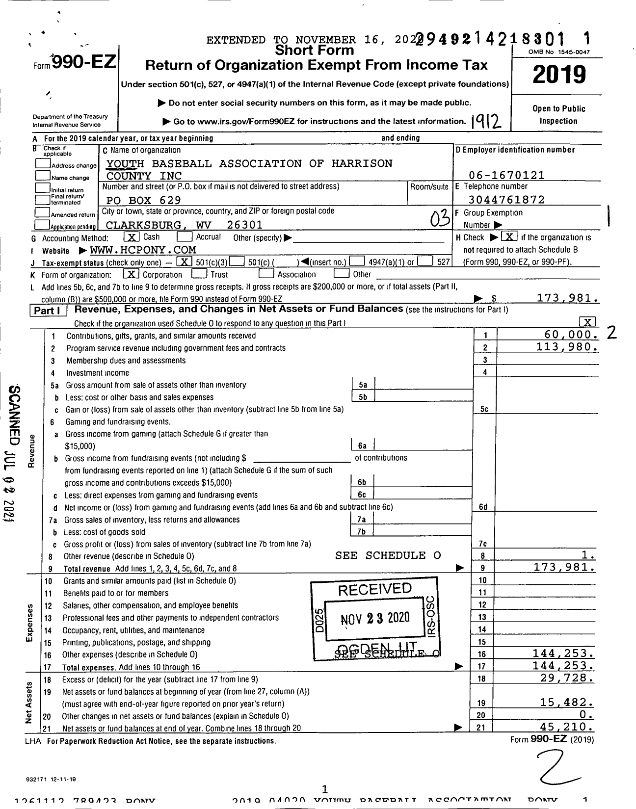 Image of first page of 2019 Form 990EZ for Youth Baseball Association of Harrison County