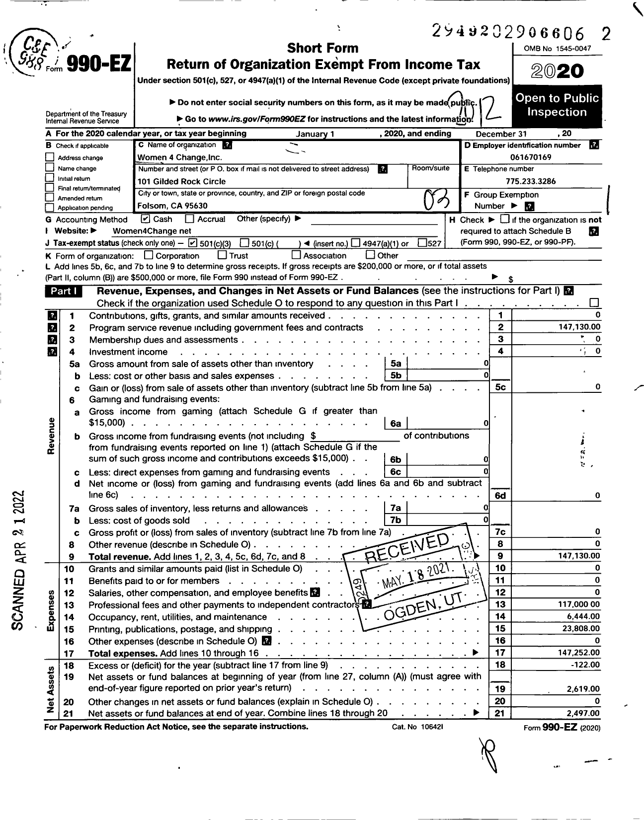 Image of first page of 2020 Form 990EZ for Women 4 Change