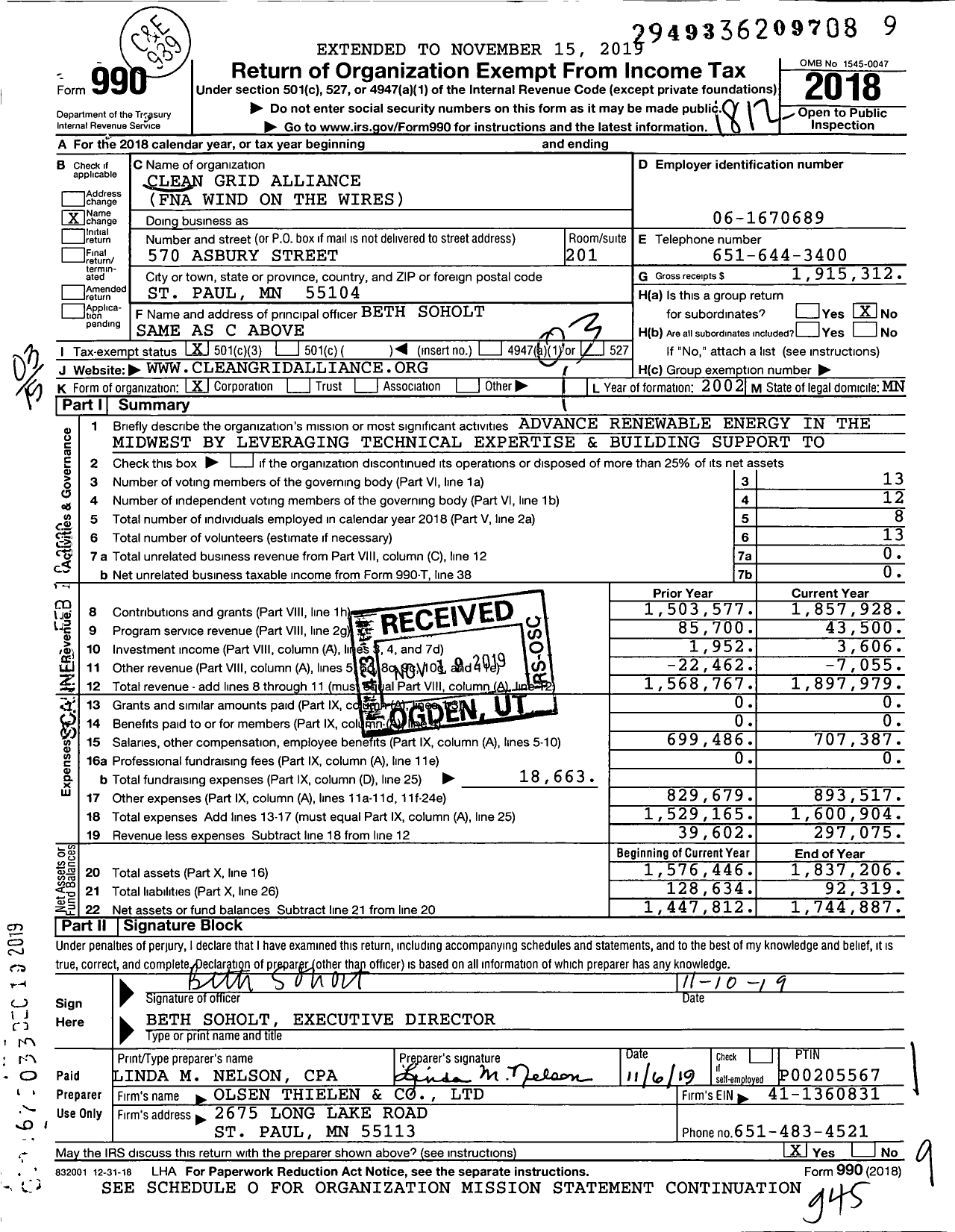 Image of first page of 2018 Form 990 for Clean Grid Alliance