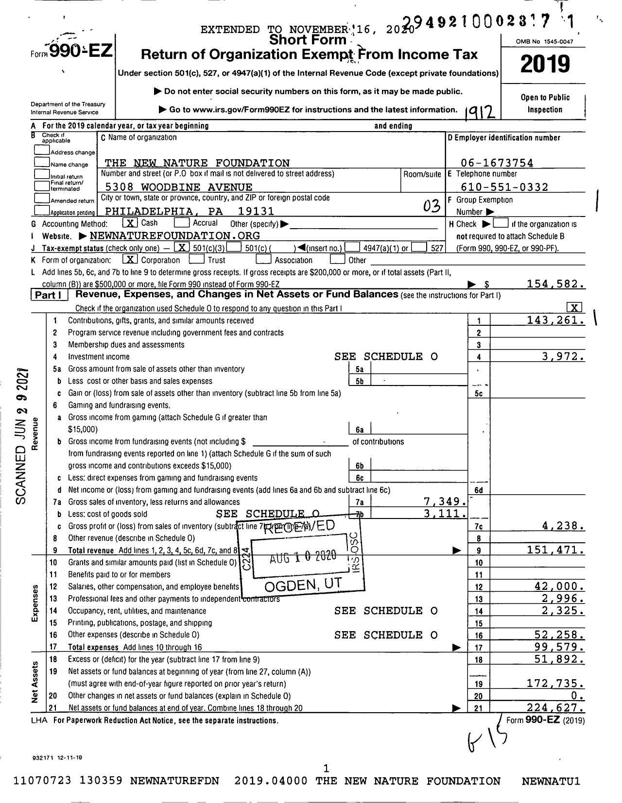 Image of first page of 2019 Form 990EZ for The New Nature Foundation