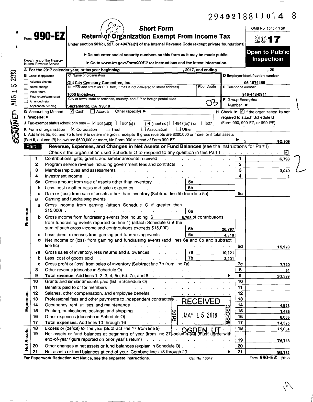 Image of first page of 2017 Form 990EZ for Old City Cemetery Committee