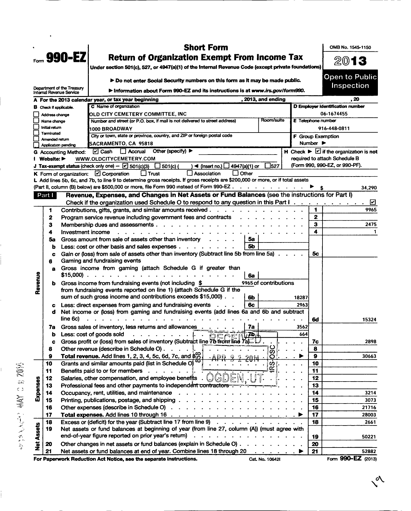 Image of first page of 2013 Form 990EZ for Old City Cemetery Committee