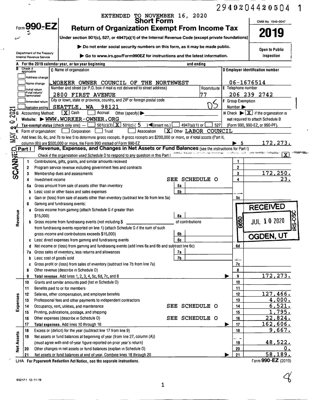 Image of first page of 2019 Form 990EO for Worker Owner Council of the Northwest