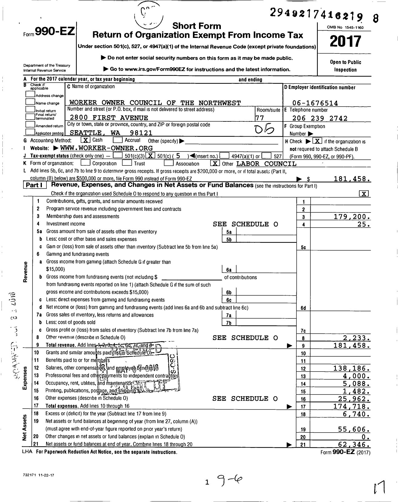 Image of first page of 2017 Form 990EO for Worker Owner Council of the Northwest