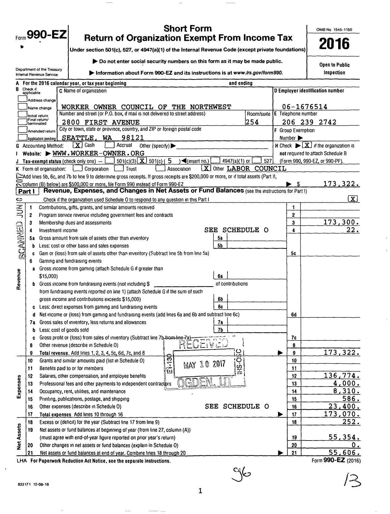 Image of first page of 2016 Form 990EO for Worker Owner Council of the Northwest