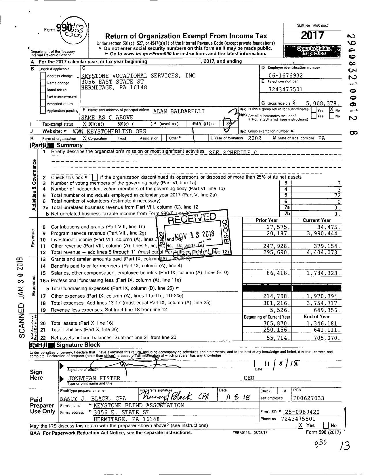 Image of first page of 2017 Form 990 for Keystone Vocational Services