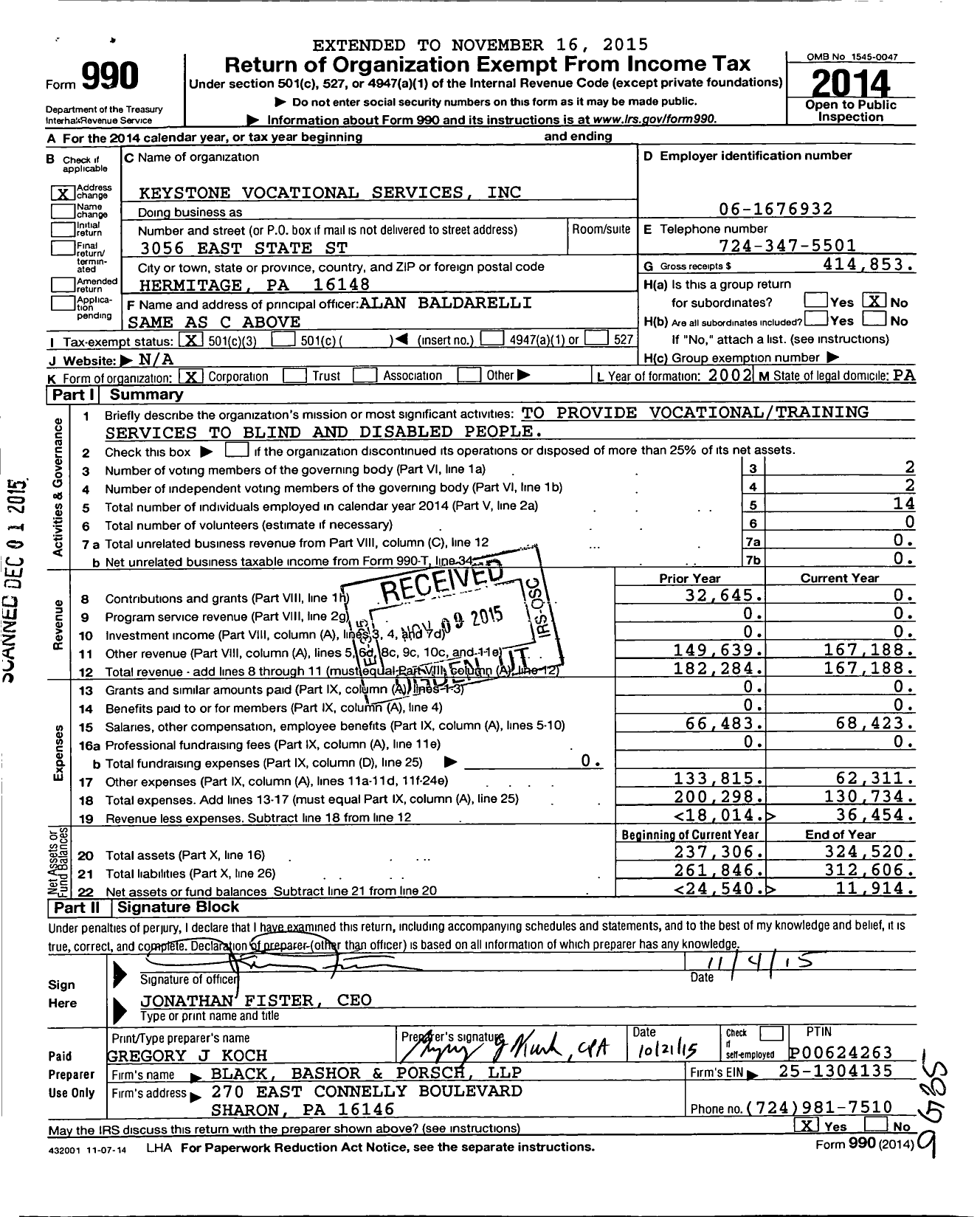 Image of first page of 2014 Form 990 for Keystone Vocational Services