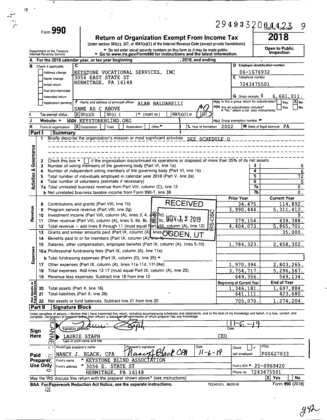 Image of first page of 2018 Form 990 for Keystone Vocational Services