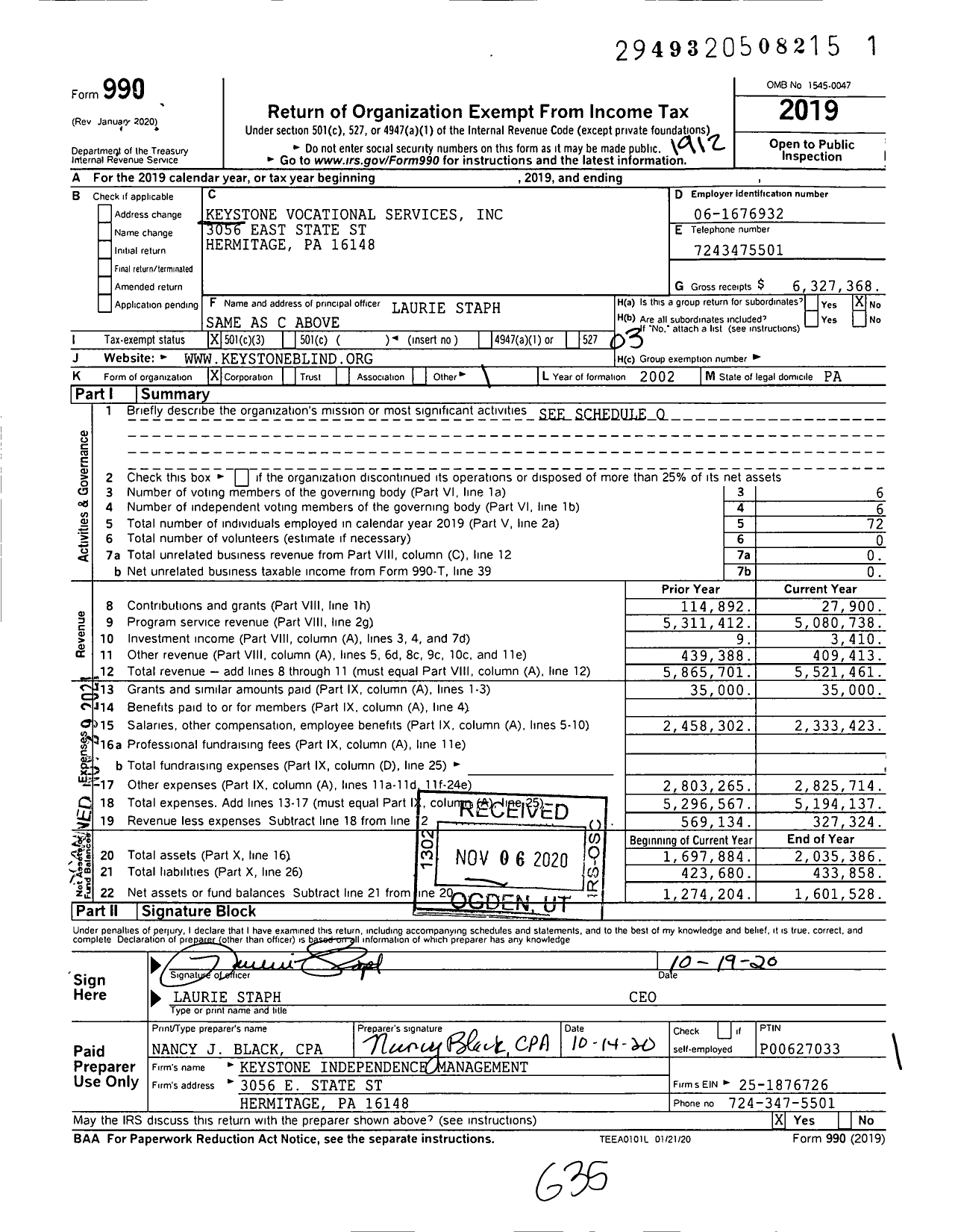 Image of first page of 2019 Form 990 for Keystone Vocational Services