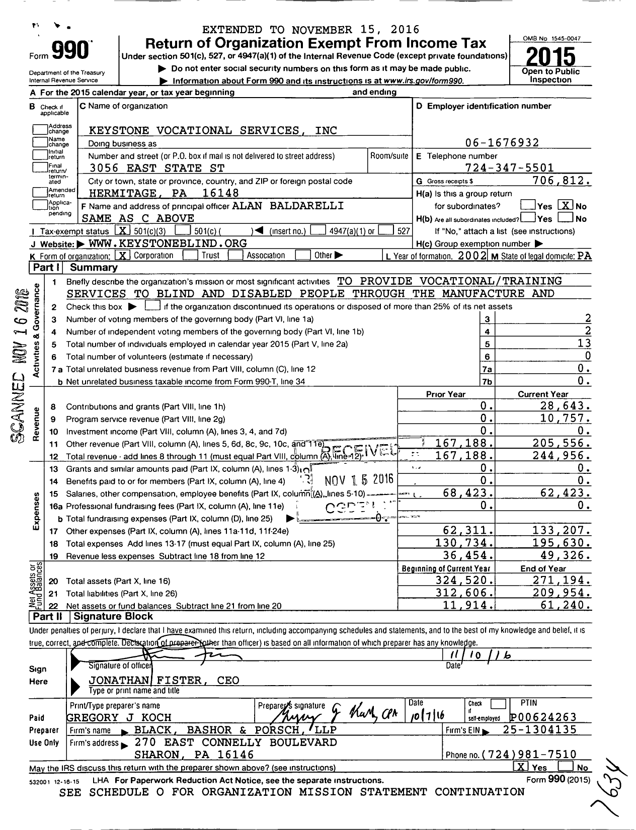 Image of first page of 2015 Form 990 for Keystone Vocational Services