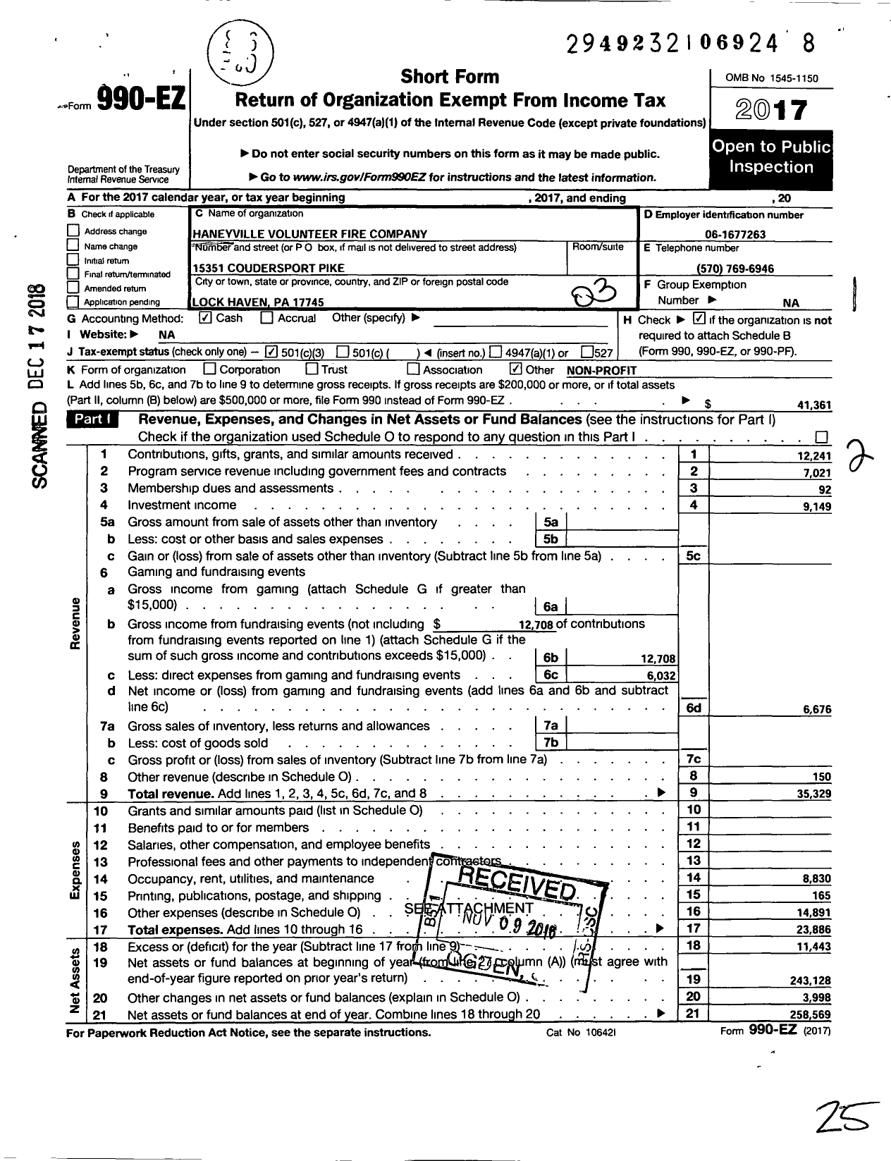 Image of first page of 2017 Form 990EZ for Haneyville Volunteer Fire Company