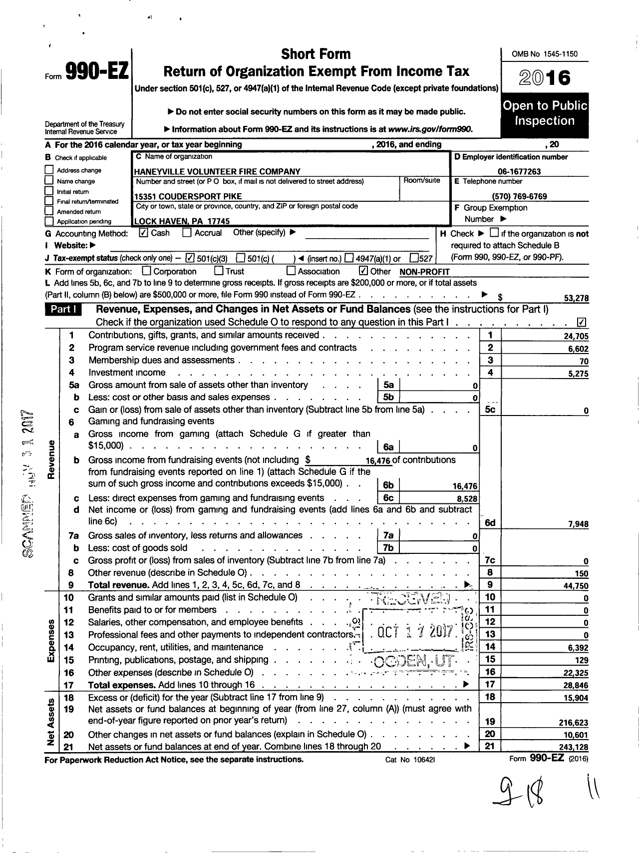 Image of first page of 2016 Form 990EZ for Haneyville Volunteer Fire Company