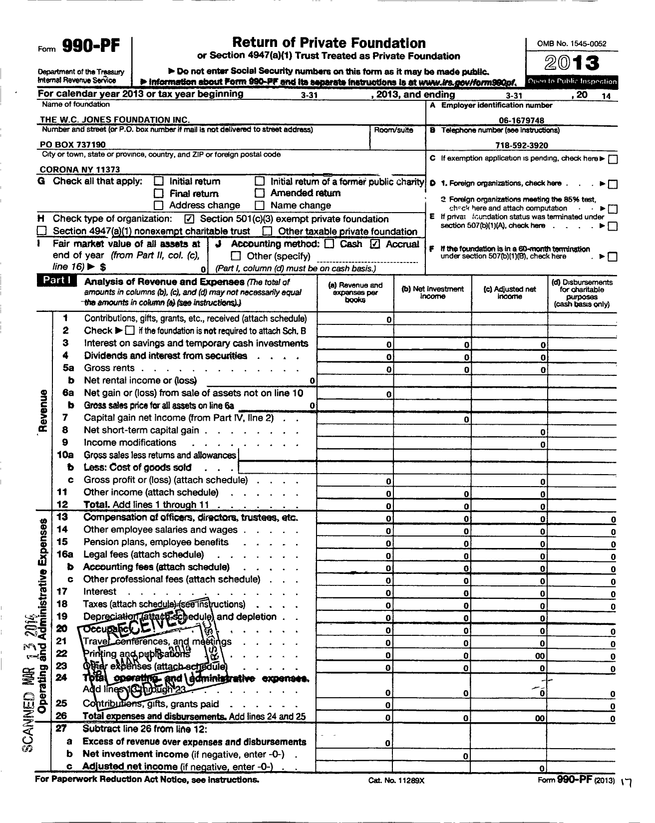 Image of first page of 2013 Form 990PF for WC Jones Foundation