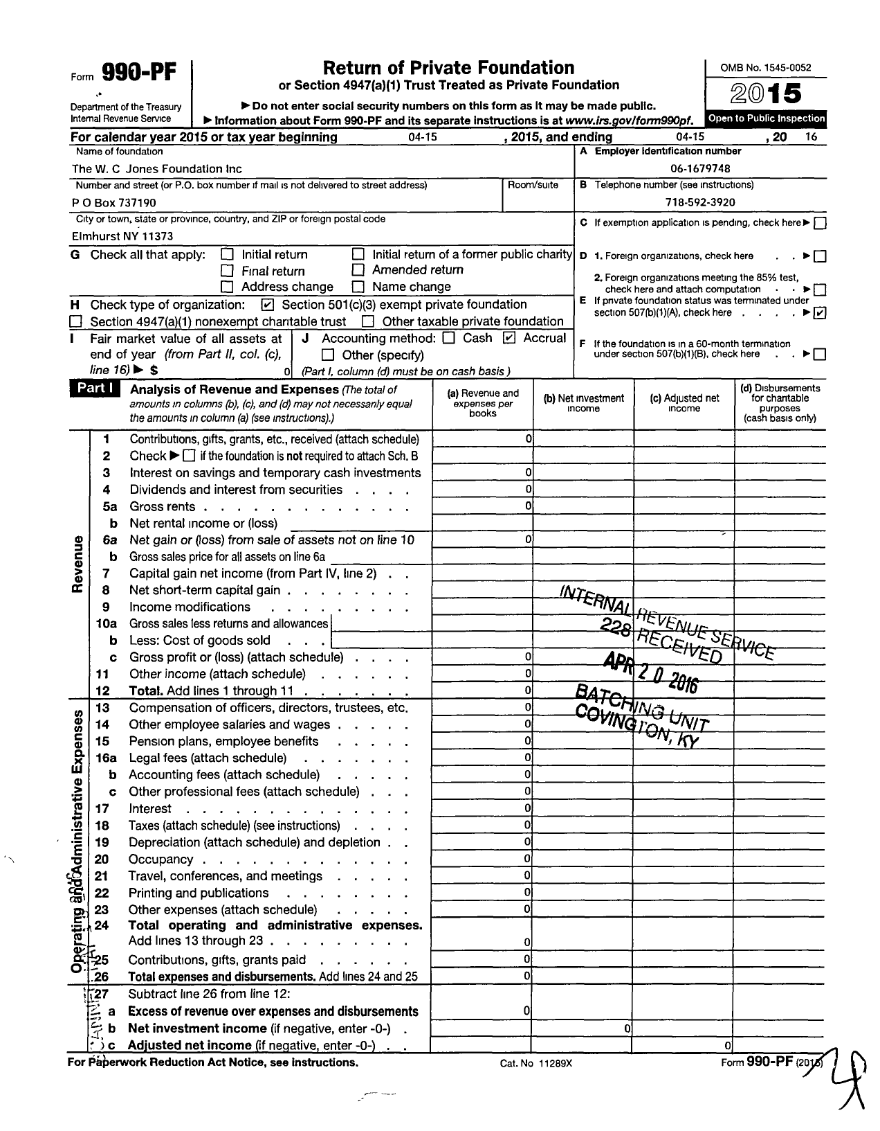 Image of first page of 2015 Form 990PF for WC Jones Foundation