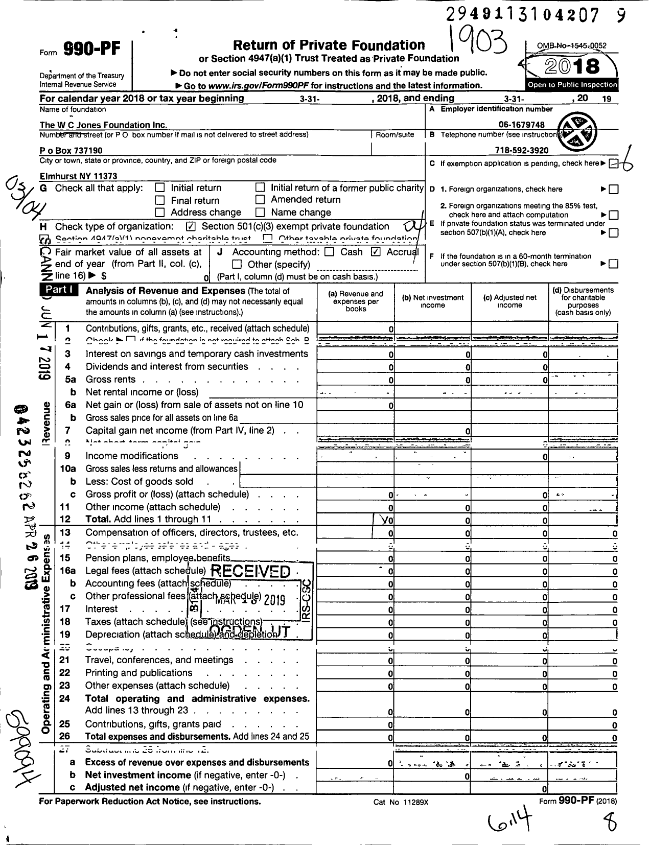 Image of first page of 2018 Form 990PF for WC Jones Foundation