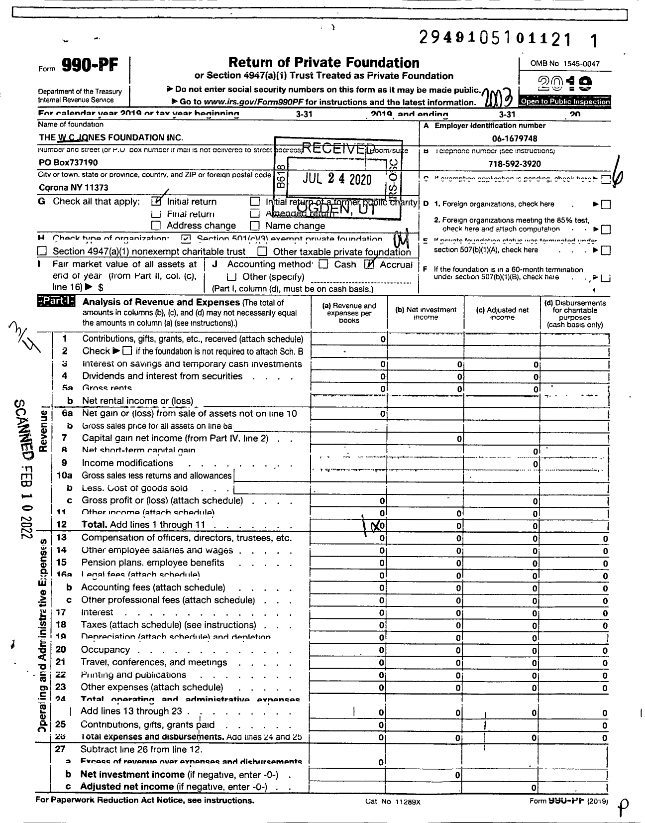 Image of first page of 2019 Form 990PF for WC Jones Foundation