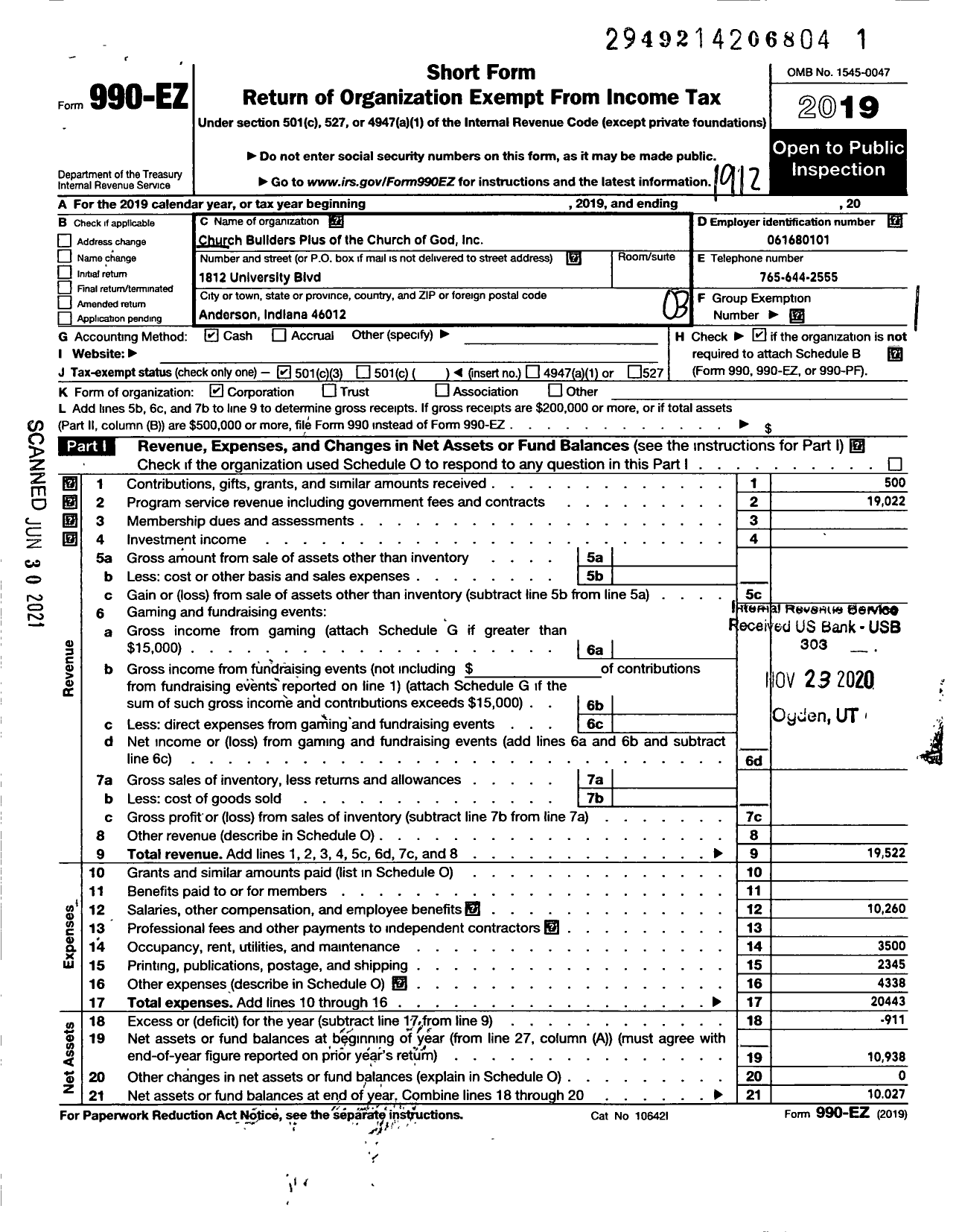 Image of first page of 2019 Form 990EZ for Church Builders Plus of the Church of God