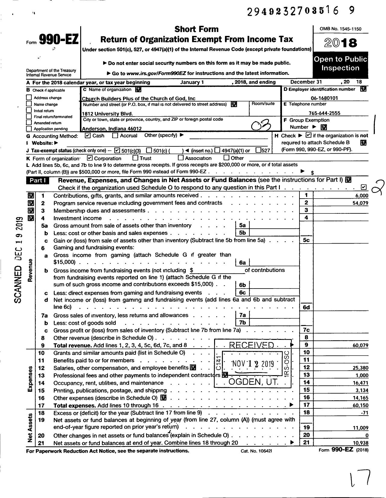 Image of first page of 2018 Form 990EZ for Church Builders Plus of the Church of God