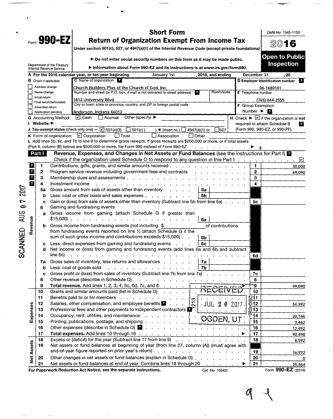 Image of first page of 2016 Form 990EZ for Church Builders Plus of the Church of God