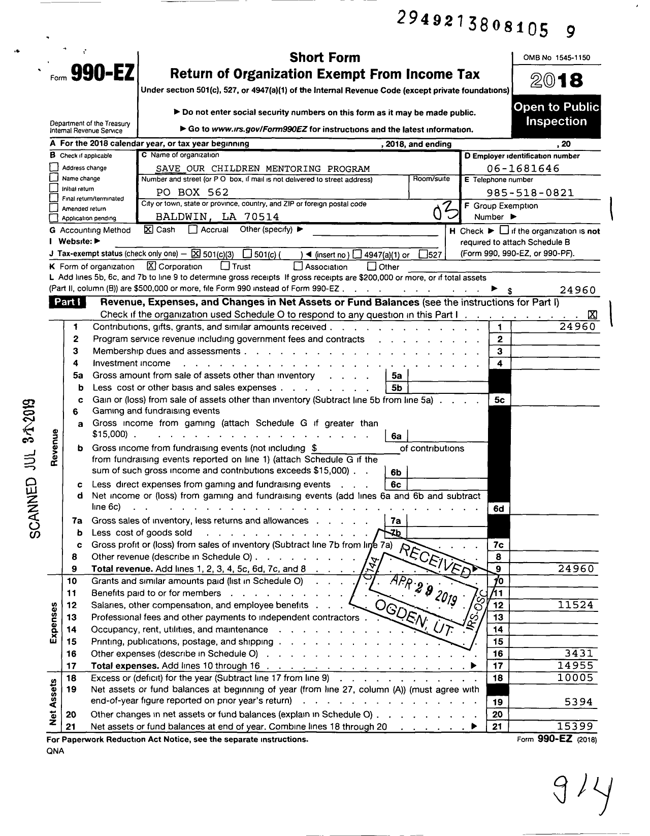 Image of first page of 2018 Form 990EZ for Save Our Children Mentoring Program