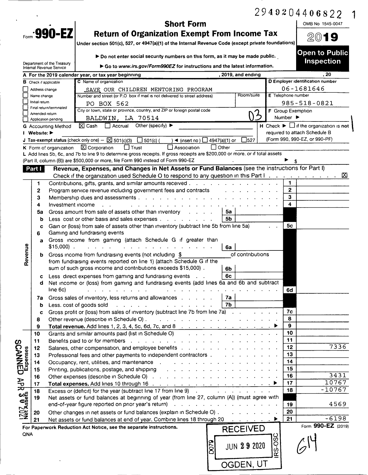 Image of first page of 2019 Form 990EZ for Save Our Children Mentoring Program