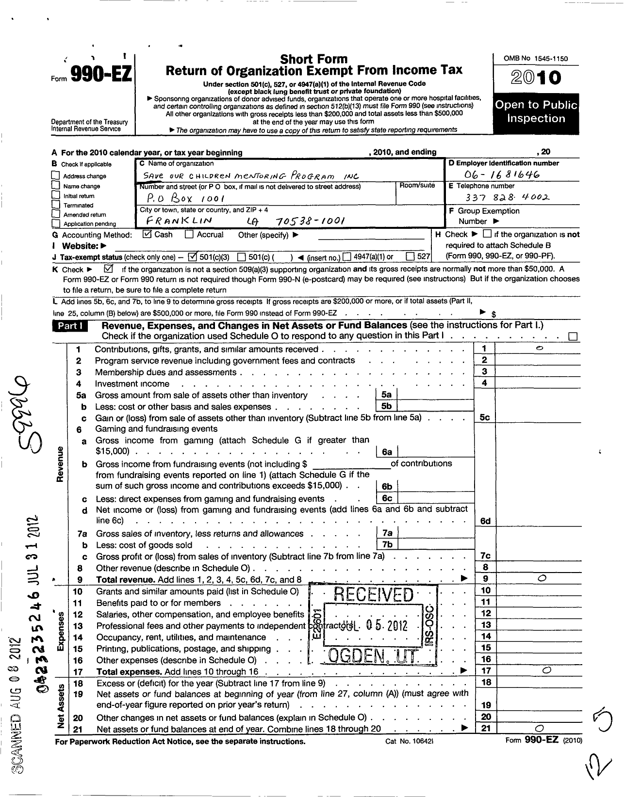 Image of first page of 2010 Form 990EZ for Save Our Children Mentoring Program