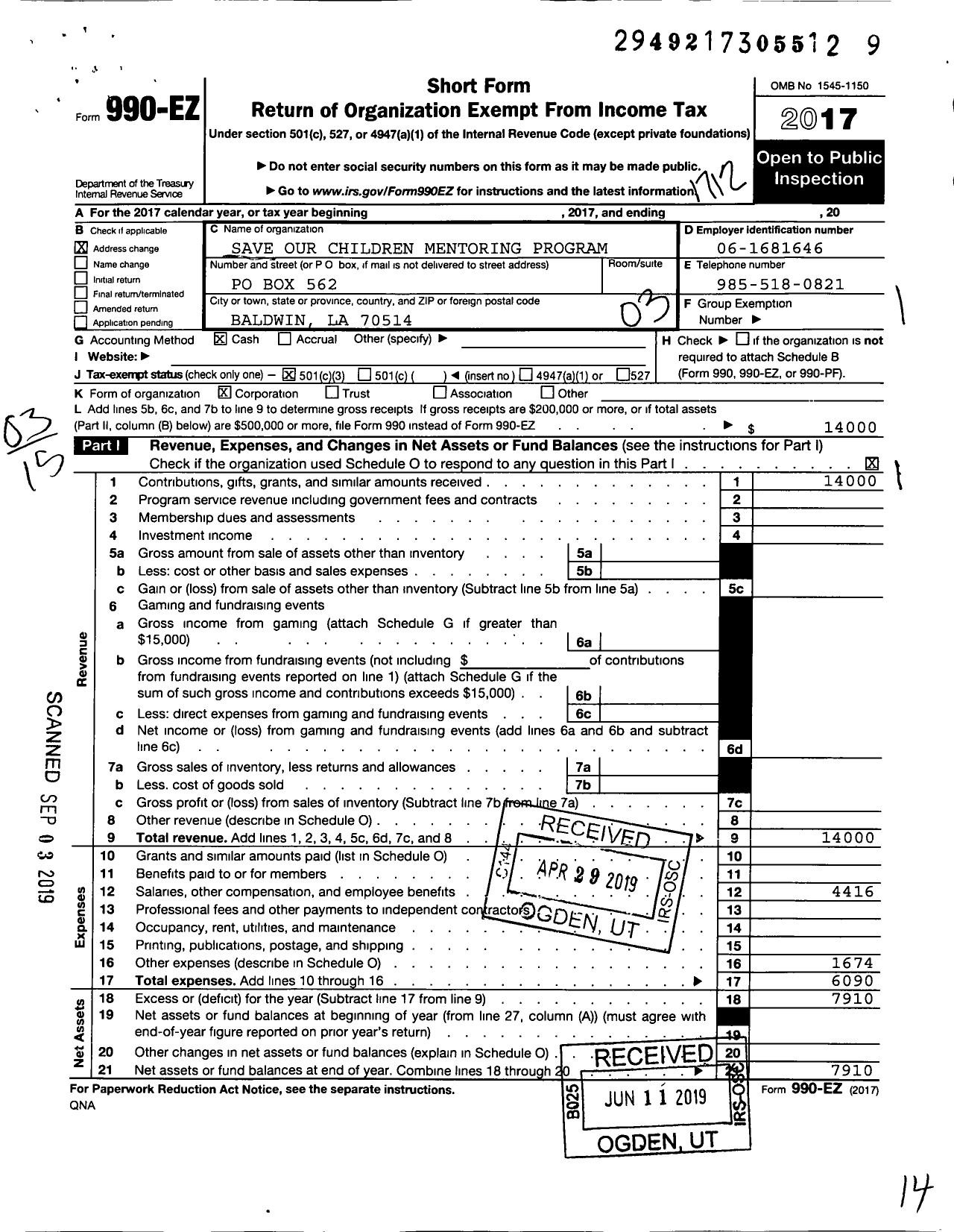 Image of first page of 2017 Form 990EZ for Save Our Children Mentoring Program