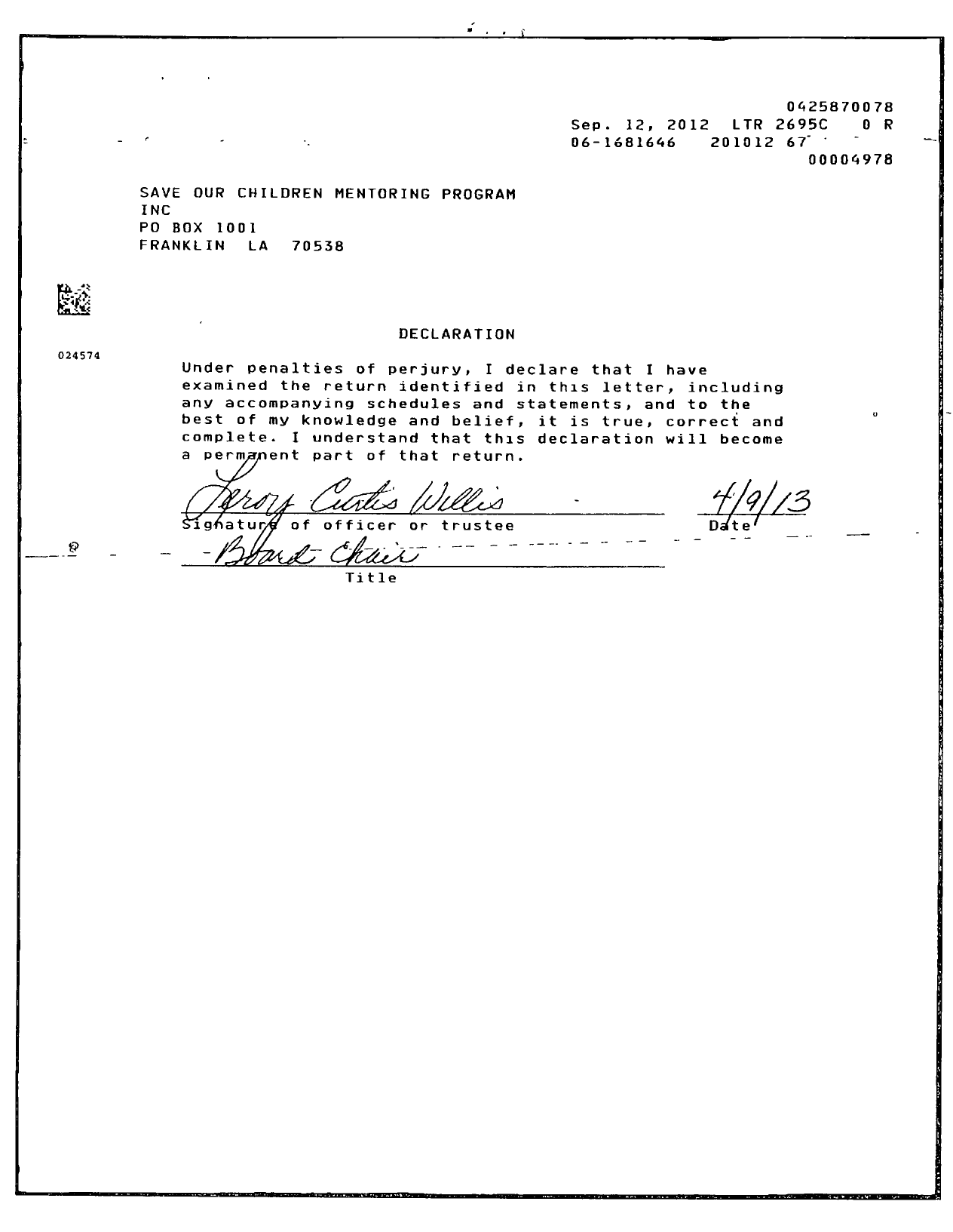 Image of first page of 2010 Form 990ER for Save Our Children Mentoring Program