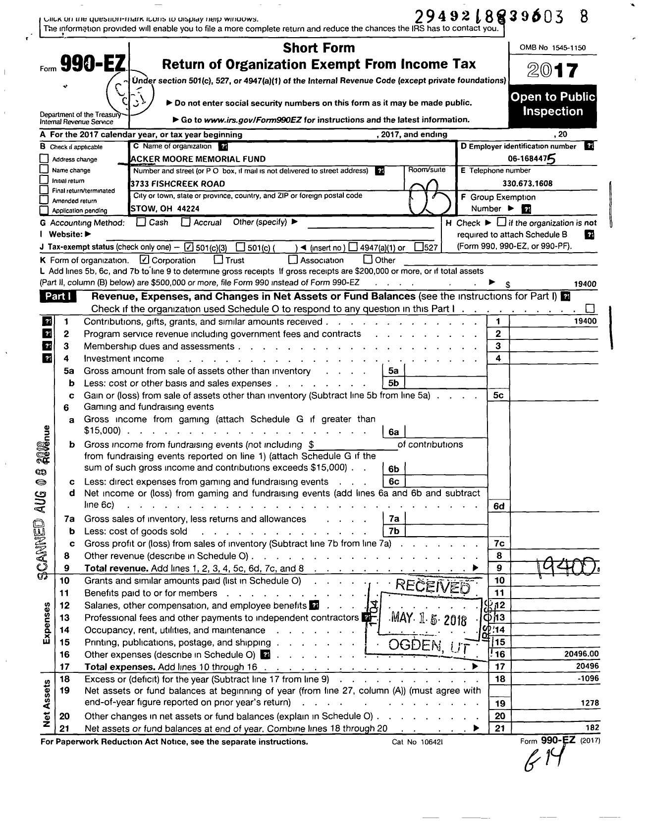 Image of first page of 2017 Form 990EZ for Acker Moore Memorial Fund