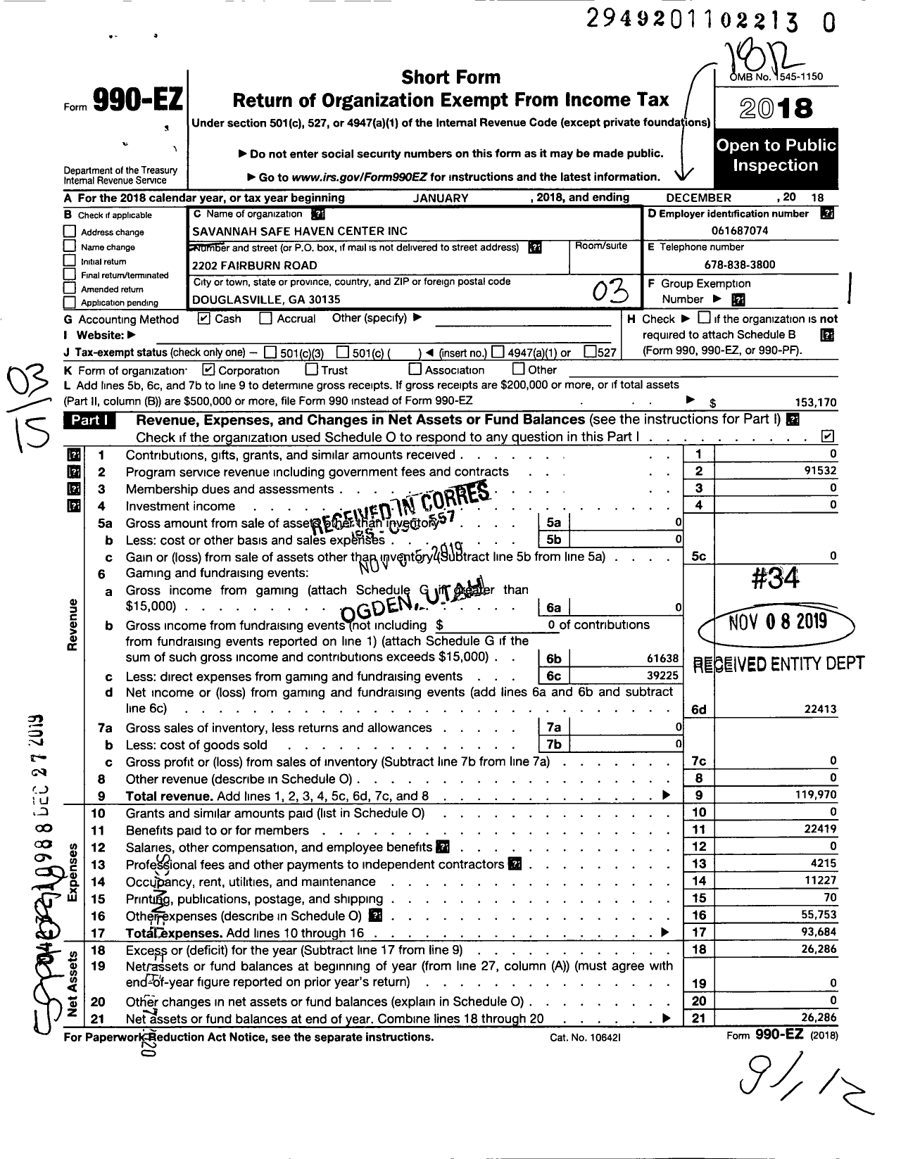 Image of first page of 2018 Form 990EZ for Savannah Safe Haven Center