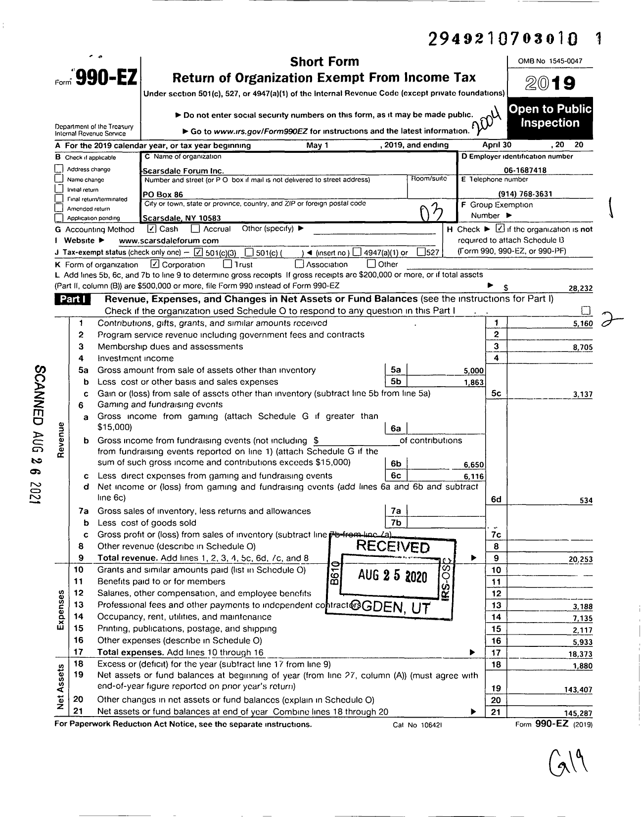 Image of first page of 2019 Form 990EZ for Scarsdale Forum