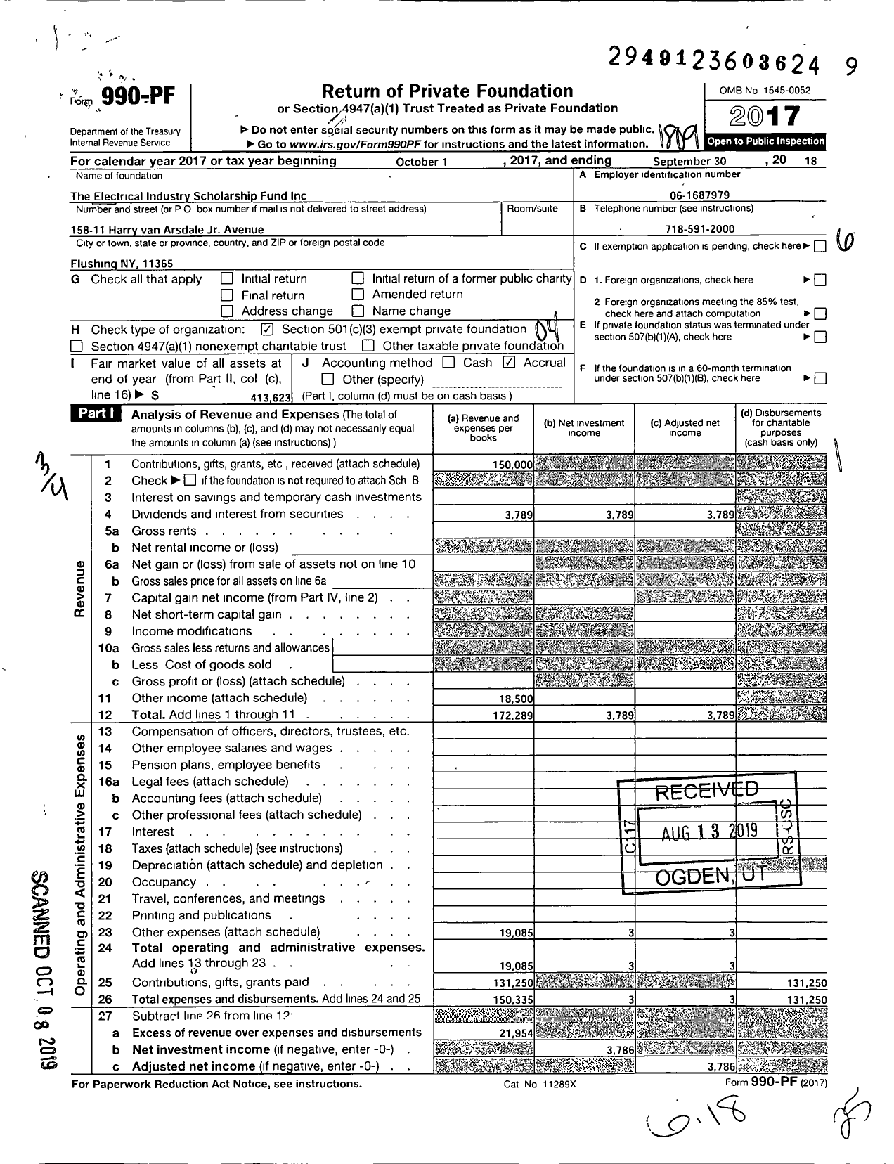 Image of first page of 2017 Form 990PF for Electrical Industry Scholarship Fund