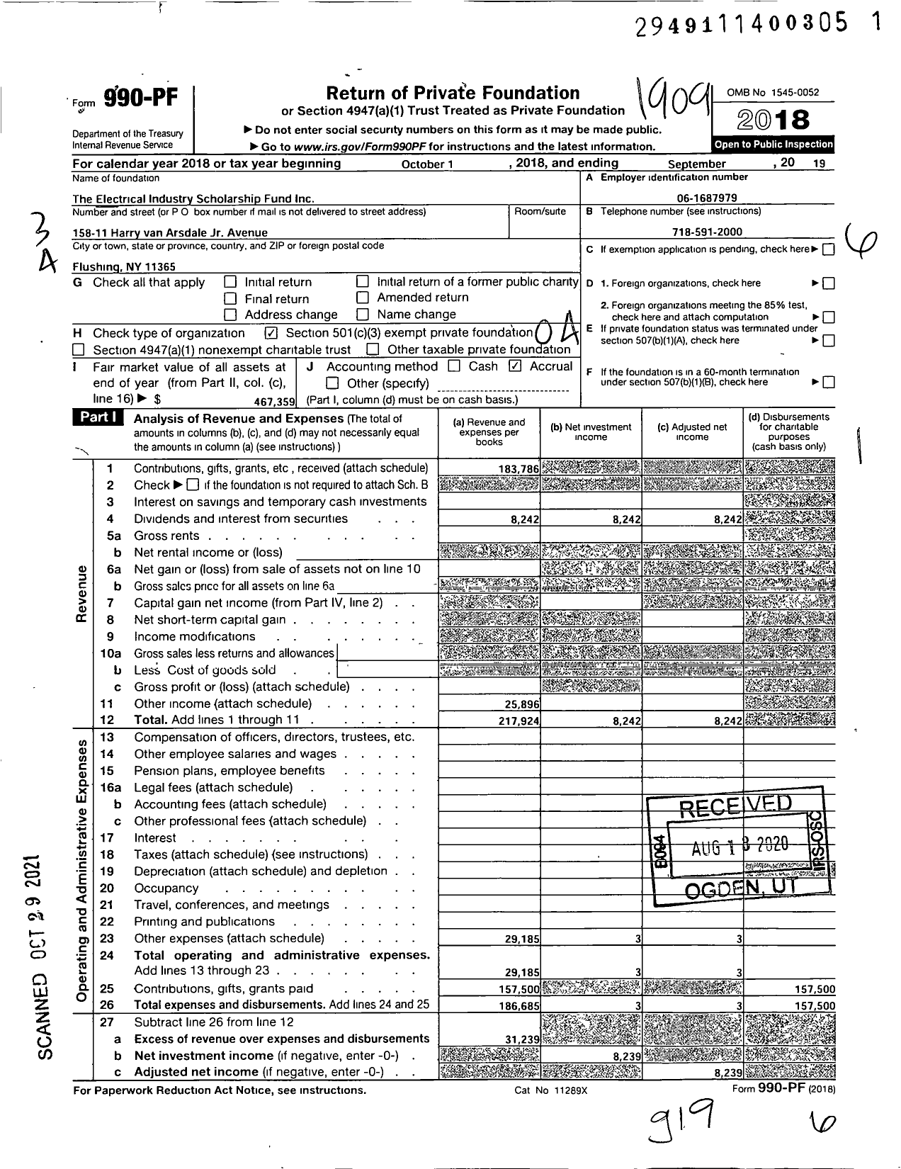 Image of first page of 2018 Form 990PF for Electrical Industry Scholarship Fund