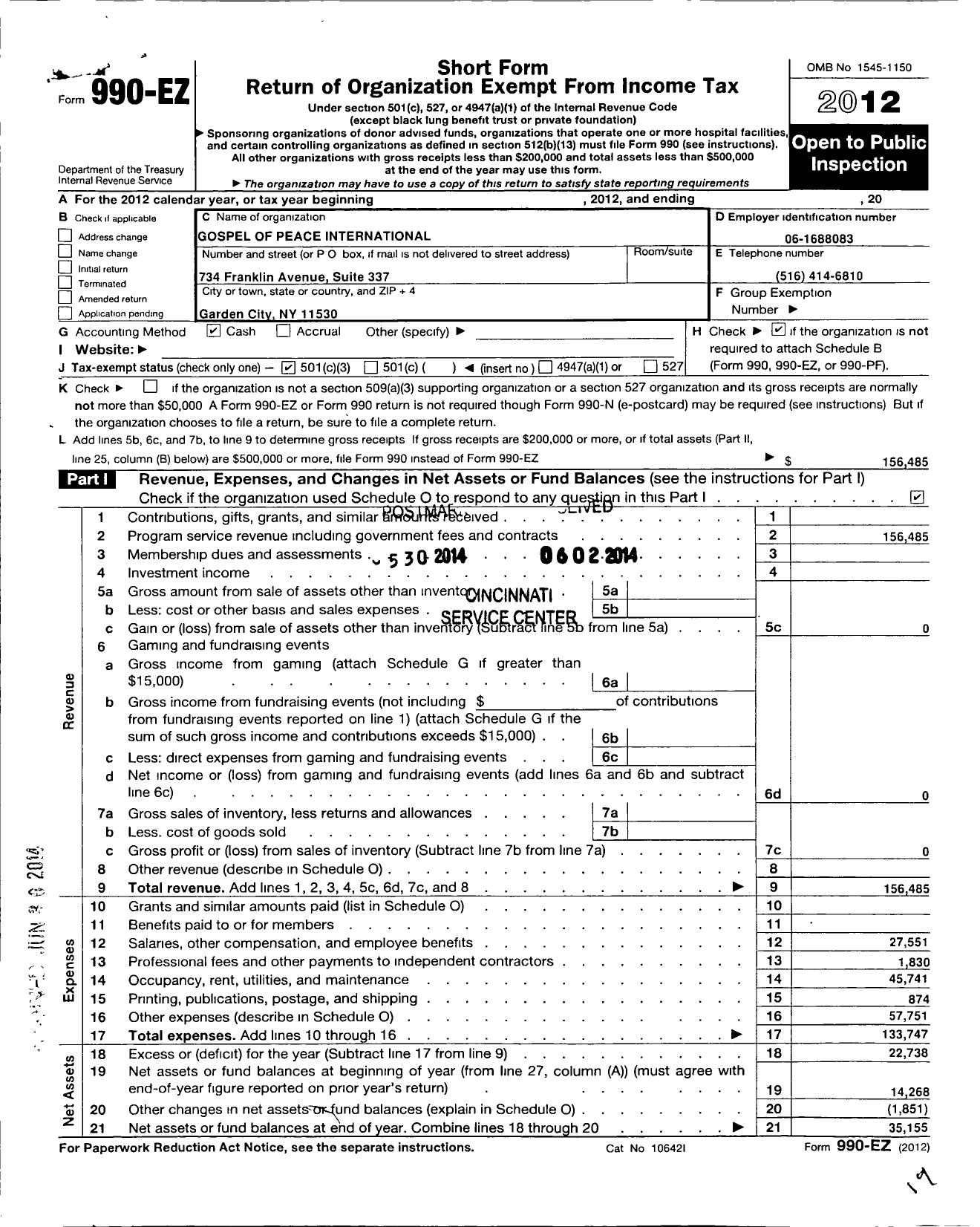 Image of first page of 2012 Form 990EZ for Gospel of Peace International