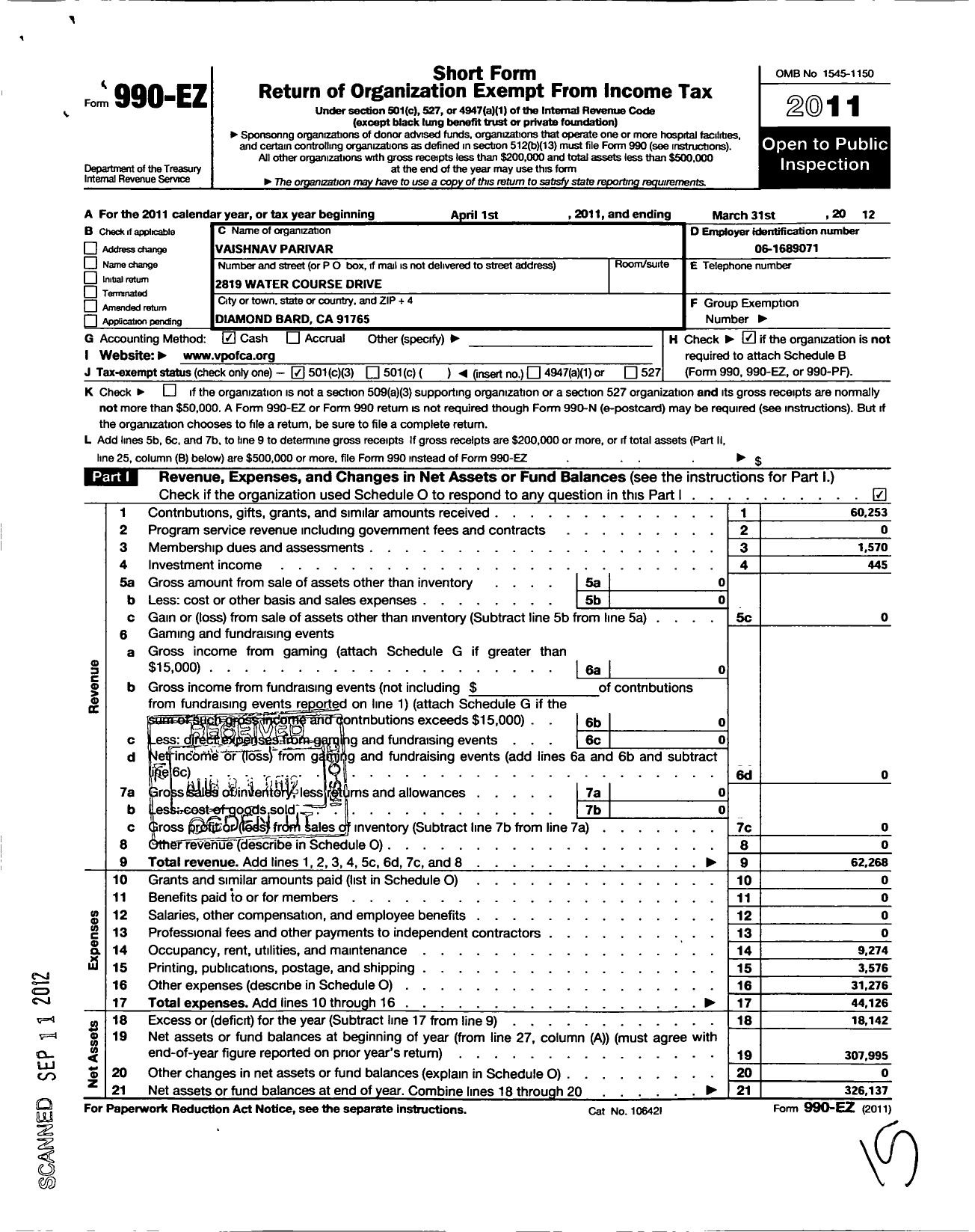 Image of first page of 2011 Form 990EZ for Shriji Mandir