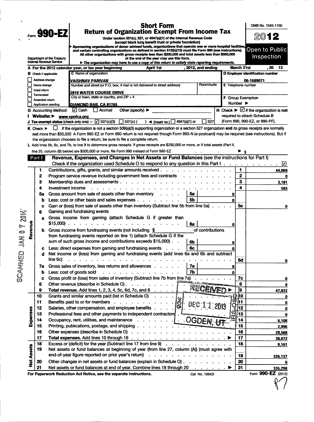 Image of first page of 2012 Form 990EZ for Shriji Mandir