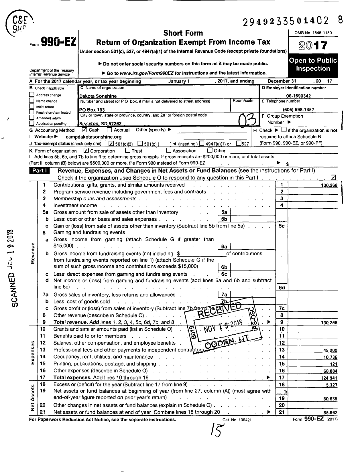 Image of first page of 2017 Form 990EZ for Dakota Sonshine