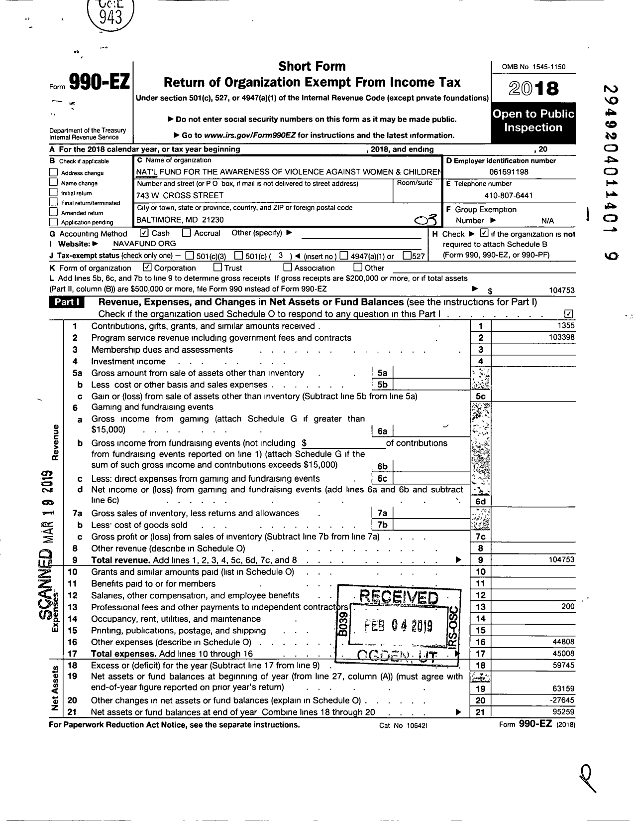 Image of first page of 2018 Form 990EZ for National Fund for the Awareness of Violence Violence Against Women and Children