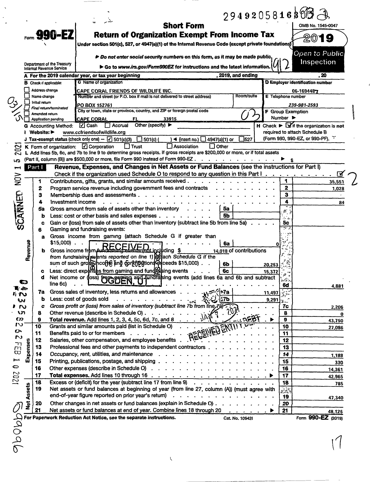 Image of first page of 2019 Form 990EZ for Cape Coral Friends of Wildlife (CCFW)