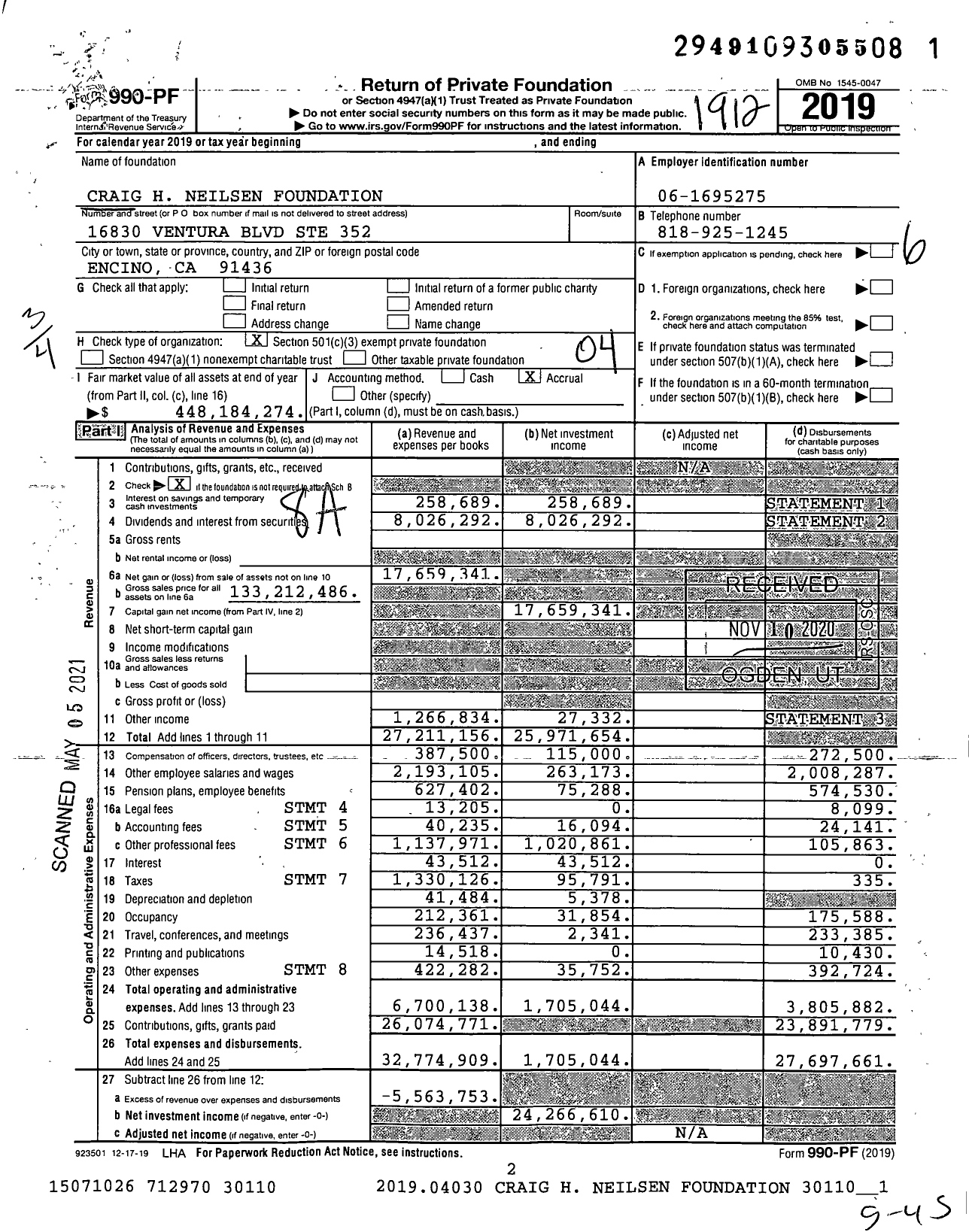 Image of first page of 2019 Form 990PF for Craig H Neilsen Foundation