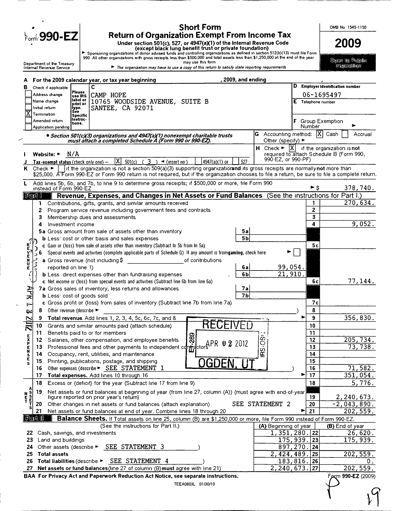 Image of first page of 2009 Form 990EZ for Camp Hope